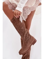 Dámské perforované kozačky na plochém podpatku S.Barski HY61-8023 Hnědé