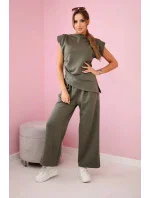 Komplet asymetrická halenka + kalhoty khaki