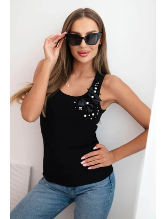 Dámský žebrovaný top z bavlny s květinovou aplikací černá