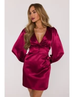 M888 Saténové mini šaty s nadýchanými rukávy - bordó