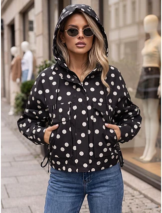 Dámská přechodová bunda s puntíky a kapucí, černá, FashionStreet TY6035