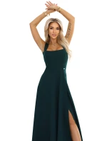 633-2 AURELIA dlouhé šaty s rozparkem na nohou a výstřihem typu caro - lahvově zelené