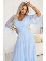 654-3 Dlouhé třpytivé plus size šaty s výstřihem a průhlednými rukávy - modré