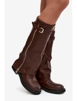 Dámské kozačky s obráceným horním lemem s přezkou a stříbrným zipem Vyhřívané hnědé Bressa