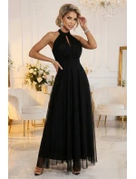 662-2 Elegantní maxi večerní šaty na ramínka s tylem a zavazováním v pase - černé