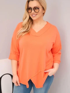 Dámská bavlněná blůza Plus Size s hlubokým V výstřihem a asymetrickým spodním lemem meruňková