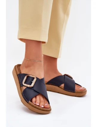 Dámské Kožené Klapky S Přezkou Inblu Tmavě Modré ED0003IU Dámské Kožené Klapky S Přezkou Inblu Tmavě Modré ED0003IU