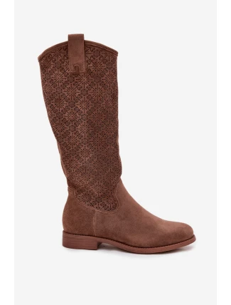 Dámské prolamované kozačky na plochém podpatku S.Barski – hnědé