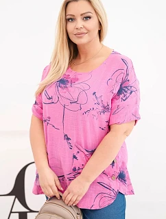 Dámská bavlněná halenka Plus Size s krátkým rukávem a kapsou růžová