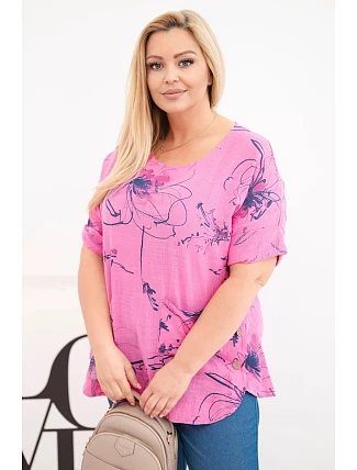 Dámská bavlněná halenka Plus Size s krátkým rukávem a kapsou růžová