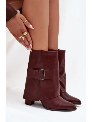 Dámské zateplené kotníkové botky na sloupku s ohrnovací manžetou a přezkou – bordó Ylenara Dámské zateplené kotníkové botky na sloupku s ohrnovací manžetou a přezkou – bordó Ylenara