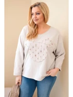 Dámská bavlněná blůza Plus Size s výstřihem do V béžová
