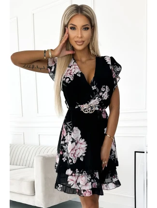 468-2 PATRIZIA šaty s obálkovým výstřihem, páskem a krátkými rukávy - ČERNÁ S RŮŽEMI 468-2 PATRIZIA šaty s obálkovým výstřihem, páskem a krátkými rukávy - ČERNÁ S RŮŽEMI