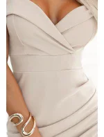 564-5 CALLIE Midi šaty s odhalenými rameny a výstřihem - světle béžové