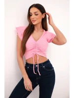 Dámská žebrovaná proužkovaná halenka na ramínkách s volánkem světle růžová