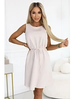 296-17 VICTORIA Trapézové šaty bez rukávů s páskem - béžové