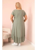 Dámské šaty plus size s krátkým rukávem a volánem z lehké viskózy khaki Dámské šaty plus size s krátkým rukávem a volánem z lehké viskózy khaki