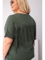 Dámská bavlněná halenka Plus Size s výstřihem do V a třásněmi na zádech khaki