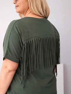 Dámská bavlněná halenka Plus Size s výstřihem do V a třásněmi na zádech khaki