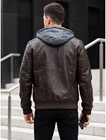 Pánská kožená zateplená bunda s kapucí, hnědá, FashionStreet TX5136