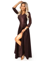 309-14 AMBER elegantní dlouhé krajkové šaty s výstřihem - čokoládové