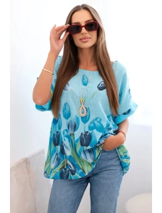 Dámská bavlněná košile s květinovým vzorem modrý