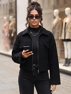 Krátký dámský kabát typu „baranek“ na zip, černý, FashionStreet TY6059