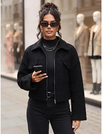 Krátký dámský kabát typu „baranek“ na zip, černý, FashionStreet TY6059 Krátký dámský kabát typu „baranek“ na zip, černý, FashionStreet TY6059
