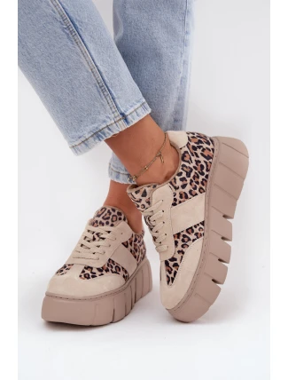 Semišové zateplené dámské tenisky na masivní platformě Vinceza 66841 Leopardo béžové