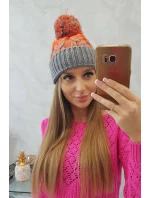 Dámská čepice s bambulí Abigail K326 šedá+neon orange Dámská čepice s bambulí Abigail K326 šedá+neon orange