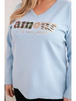 Dámská mikina Plus Size s nápisem a výstřihem do V modrá