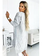 486-1 Cardigan - svetr s prodlouženým zadním dílem s prolamovanými diamanty - GREY