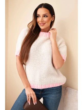 Dámský svetr s krátkým rukávem a kontrastním lemováním béžový