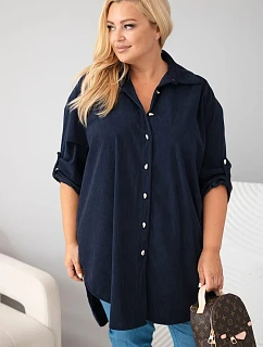 Dámská košile Plus Size z viskózy manšestrová s odepínacími rukávy modrá