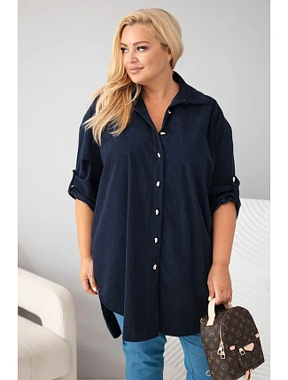 Dámská košile Plus Size z viskózy manšestrová s odepínacími rukávy modrá Dámská košile Plus Size z viskózy manšestrová s odepínacími rukávy modrá