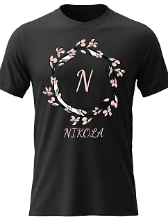 Dámské bavlněné tričko s potiskem - KVĚTINOVÝ MOTIV SE JMÉNEM - NIKOLA - černé