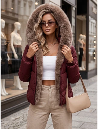 Dámská zimní prošívaná bunda s kožešinou, vínová, FashionStreet TY5985 Dámská zimní prošívaná bunda s kožešinou, vínová, FashionStreet TY5985