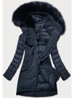 Tmavě modrá dámská zimní bunda z různých spojených materiálů (7708)