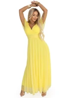 562-8 NASTIA Dlouhé šaty s výstřihem, kosticemi a krátkými rukávy - lemon limoncello