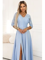 309-15 AMBER elegantní dlouhé krajkové šaty s výstřihem - modré