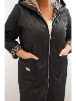 Dámská zimní prošívaná bunda Plus Size s podšívkou v leopardím vzoru a kapucí černá