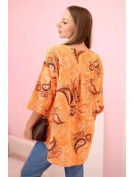 Dámská bavlněná blůza s ohrnovacími rukávy a vzorem paisley pomerančová