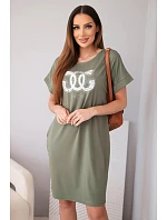 Dámské viskózové šaty s krátkým rukávem a ozdobným potiskem khaki