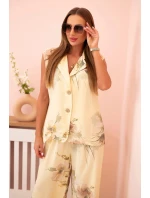 Dámský komplet z viskózy, vestu a kalhoty květinové žlutý