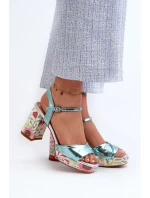Dámské sandály na podpatku s květinami D&A CR980 modré