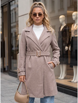 Elegantní dámský kabát s výstřihem a páskem, béžový, FashionStreet NY0787 Elegantní dámský kabát s výstřihem a páskem, béžový, FashionStreet NY0787