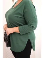 Dámská bavlněná blůza Plus Size s výstřihem do V a ohrnovacími rukávy tmavě khaki