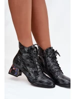 Dámské lakované boty Artiker – šedé, z přírodní kůže, na podpatku s krystalky