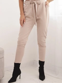 Dámské kalhoty z bavlny s vázáním v pase a zúženými nohavicemi béžové