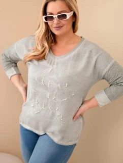 Dámská blůza Plus Size s nápisem a perlami khaki
